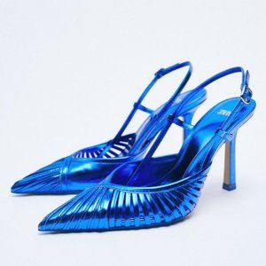 NEW ZARA Blue Metallic Slingback Heels